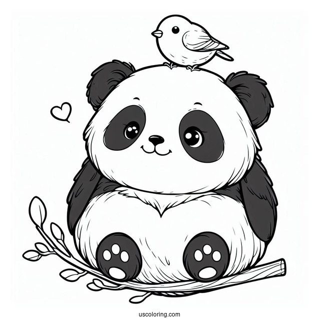 Tiny Bird Sitting On Baby Panda Coloring Page Head