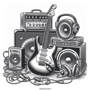 Music Coloring Page Of Electric Guitar With Speakers, Amplifiers, Headphones, And Cables