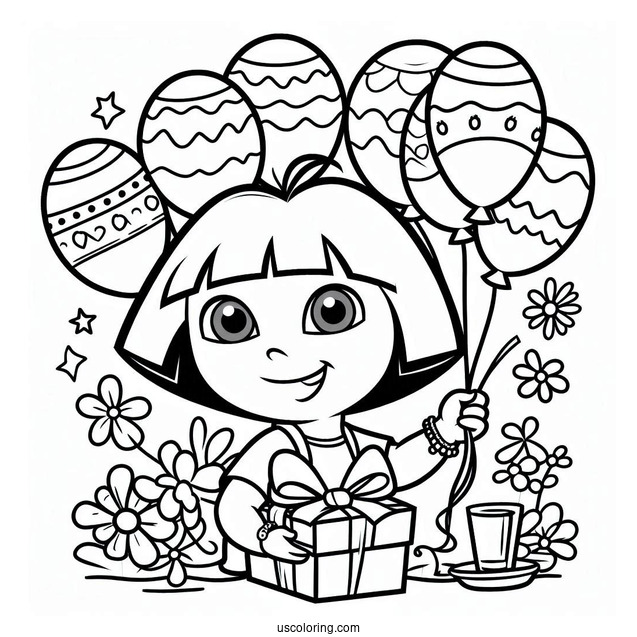Dora Holding Happy Birthday Balloons To Color