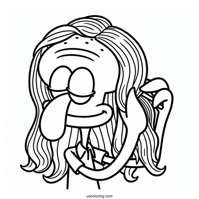 Squidward Coloring Page Putting On Wig