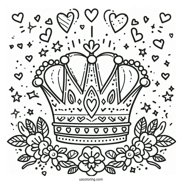 Playful Royal Crown Coloring Page Surrounded by Hearts and Stars For Kids