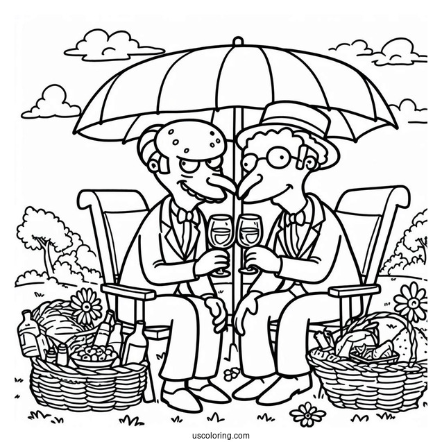 Simpsons Coloring Pages Of Mr Burns And Mr Smithers Having A Romantic Picnic