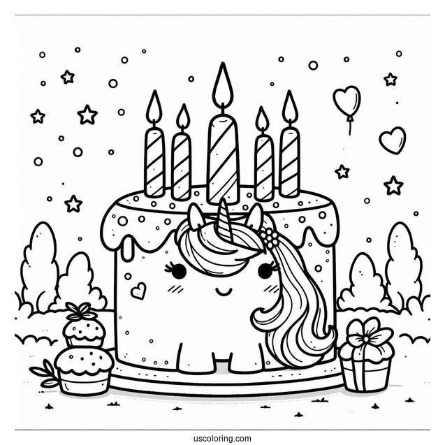 Kawaii Unicorn Cake With Candles Coloring In