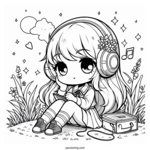 Chibi Girl Listening To Music While Sitting On Grass