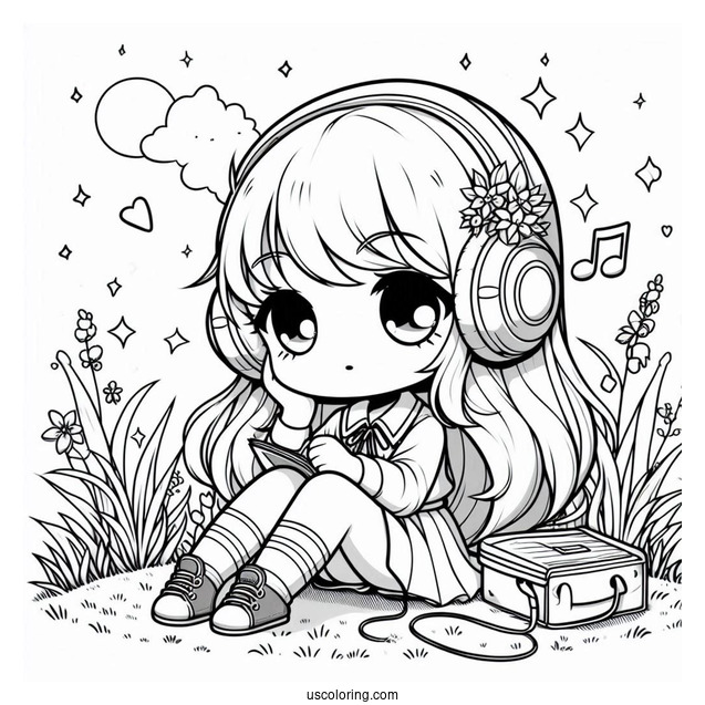 Chibi Girl Listening To Music While Sitting On Grass