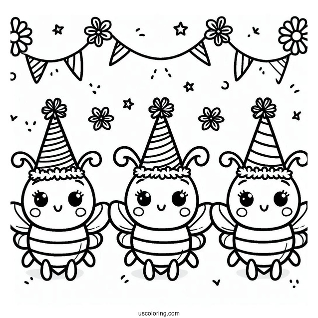 Bee Coloring Page Wearing Party Hats For Birthday Celebration