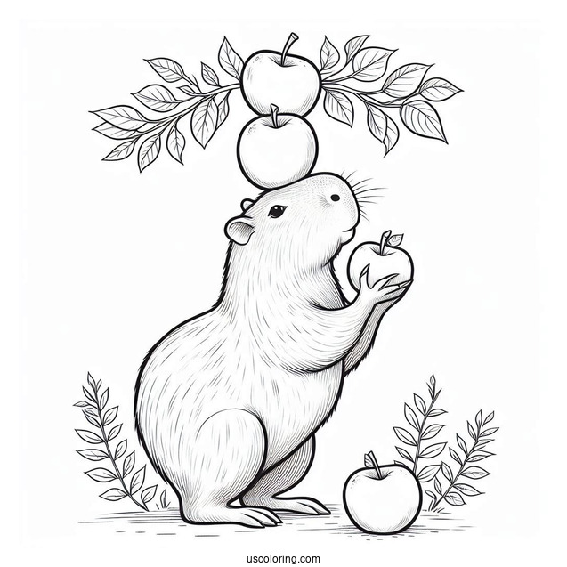 Capybara Coloring Page Balancing Apples On Its Head
