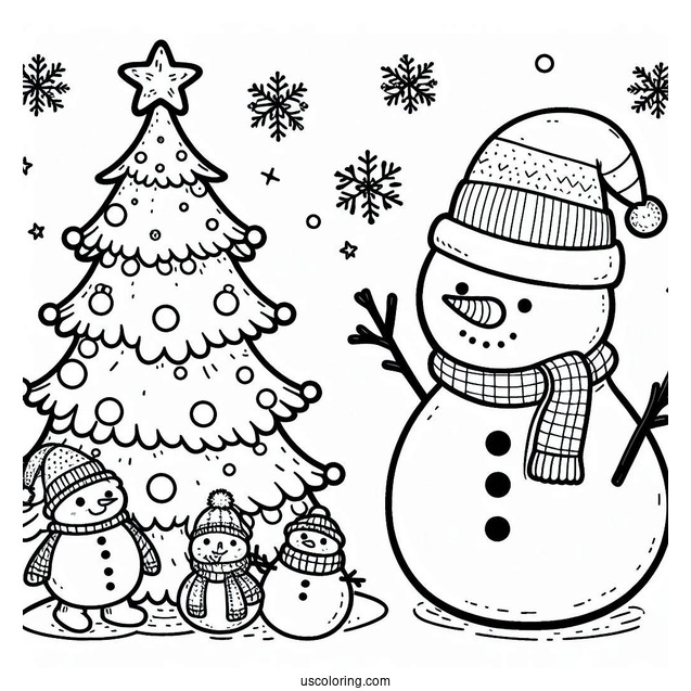 Snowman And Christmas Tree To Color