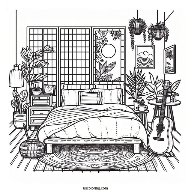 Bedroom Coloring Page Japanese Theme Bedroom With Plants And Guitar
