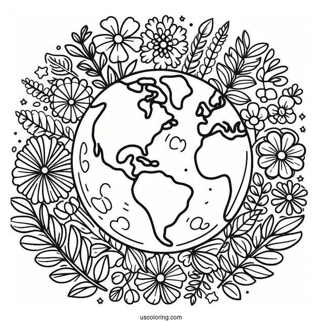 Tree And Flower Bushes Growing Around Earth Coloring Page