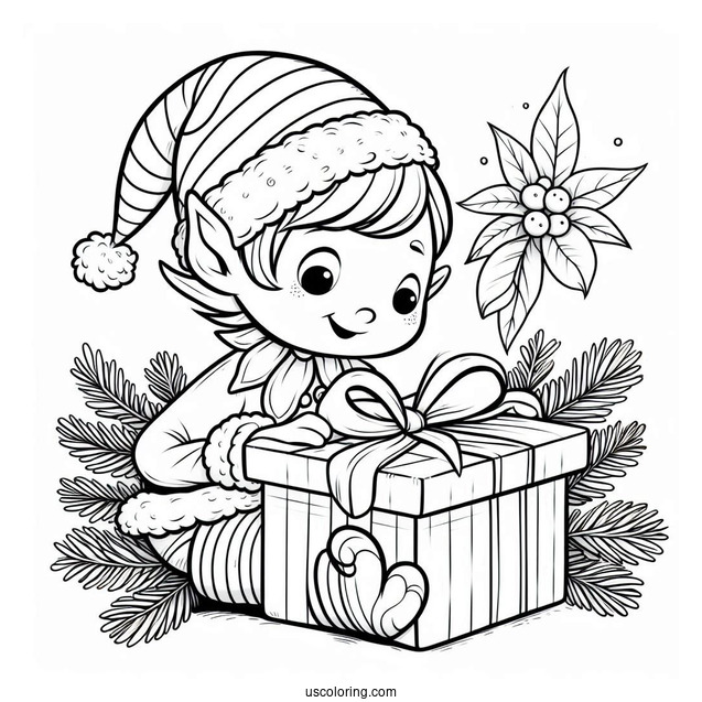 Coloring Page Of Elf Opening Present
