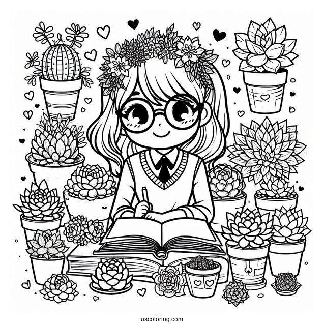 Nerdy Girl Surrounded By Succulents Coloring Page For Kids