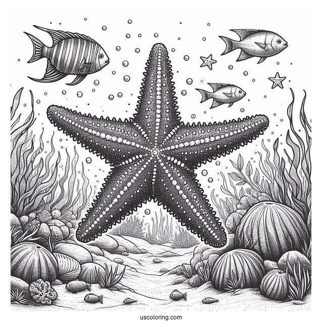 Realistic Starfish Coloring Page On Seafloor With Fishes