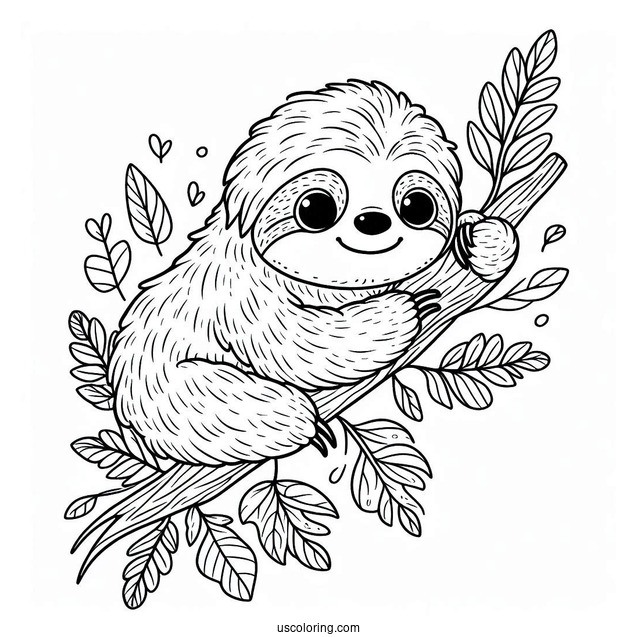 Adorable Sloth With Leaves Coloring