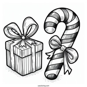 Large Candy Cane Coloring Page Beside A Christmas Present