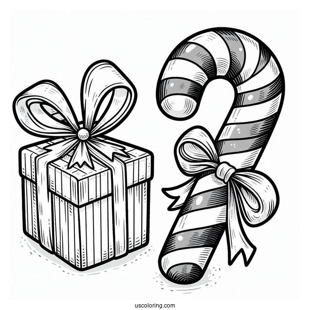 Large Candy Cane Coloring Page Beside A Christmas Present