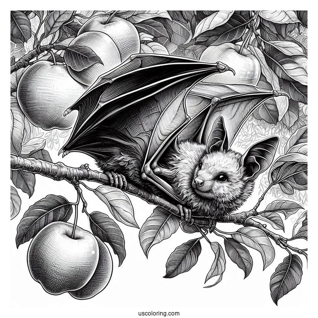 Close Up Of Realistic Bat Coloring Page Roosting On Fruit Tree
