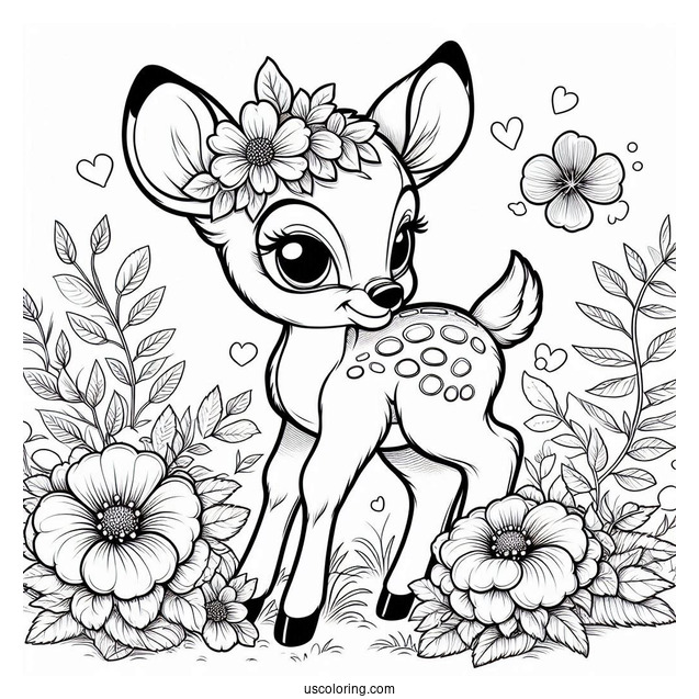 Detailed Coloring Sheet Of Bambi With Flower And Violet