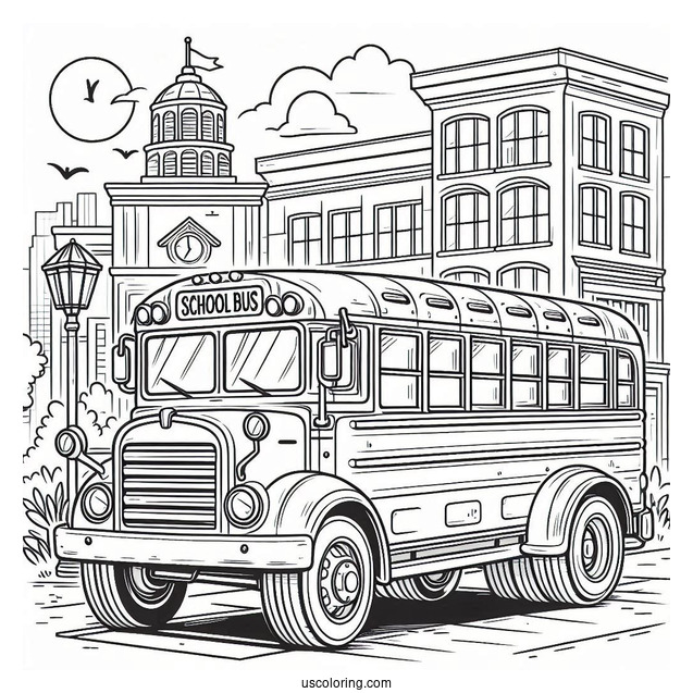 Classic School Bus Coloring Page in Front of A Building