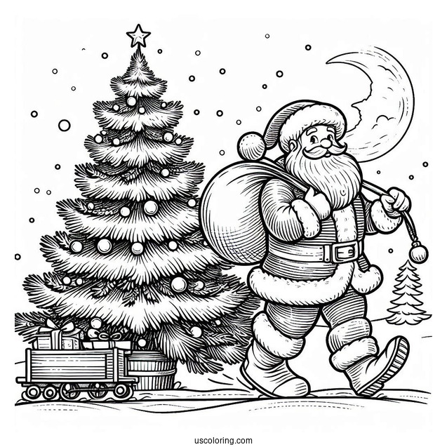 Santa Claus Hauling a Christmas Tree In The Snow