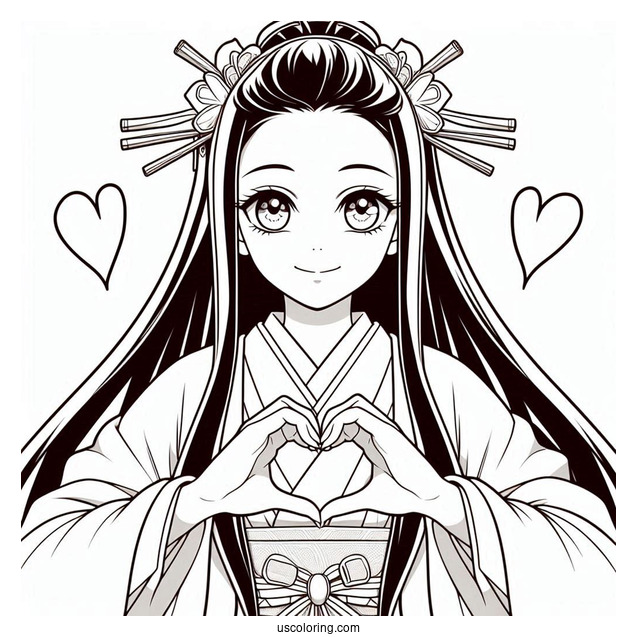 Nezuko Coloring Page Kamado Forming Heart With Her Hands