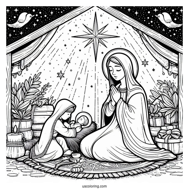 Nativity Coloring Page Of Mary And Joseph Praying Over Baby Jesus In The Manger