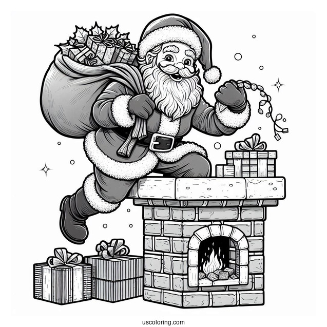 Santa Claus Climbing Into Chimney With Sack Of Presents