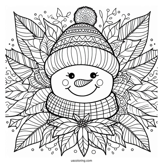 Christmas Coloring Pages For Adults Of Smiling Snowman In Front Of Christmas Poinsettia Mandala