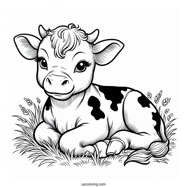 Baby Cow Resting In Grass Coloring Page