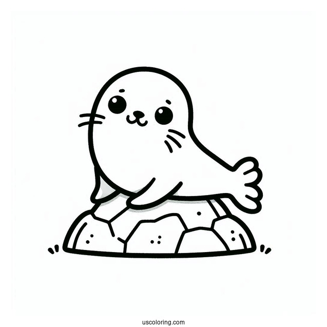 Happy Seal Coloring Page On A Rock For Kids