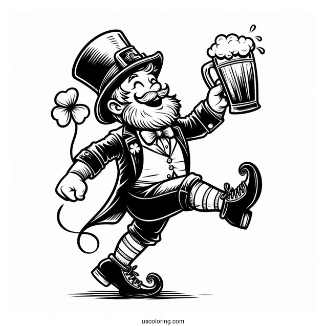 St. Patrick's Day Coloring Page Of Dancing Leprechaun Holding A Glass Of Beer
