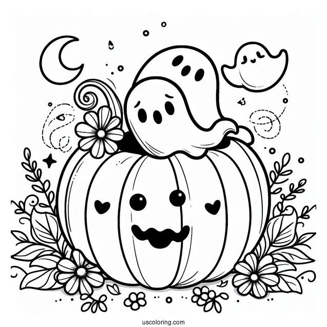Cute Ghosts Coming Out Of A Pumpkin Coloring Page For Kids