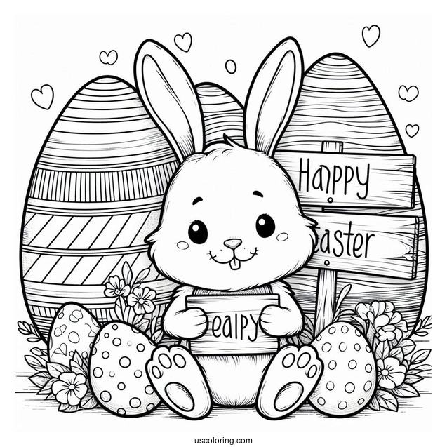 Bunny Holding Happy Easter Coloring Page Of Sign Next To Large Easter Eggs