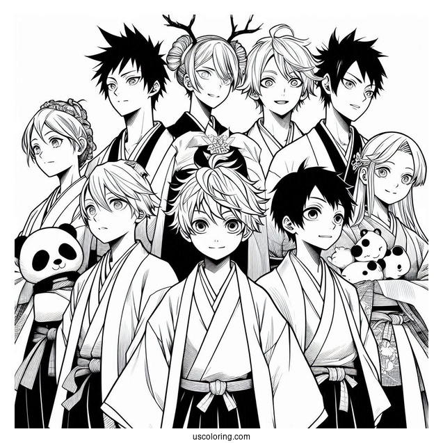 Manga Coloring Page Of Jujutsu Kaisen With Yuji, Nobara, Megumi, Gojo, Sukuna, Panda, Inumaki, And Maki