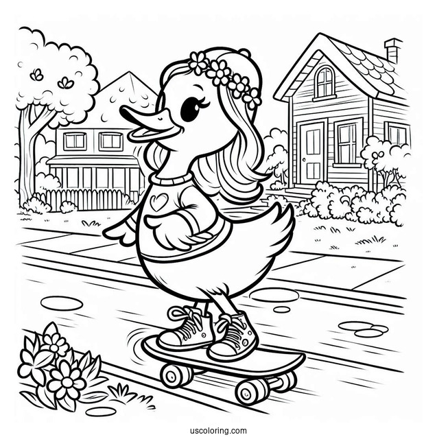 Duck Skateboarding Down the Street Coloring Page For Kids