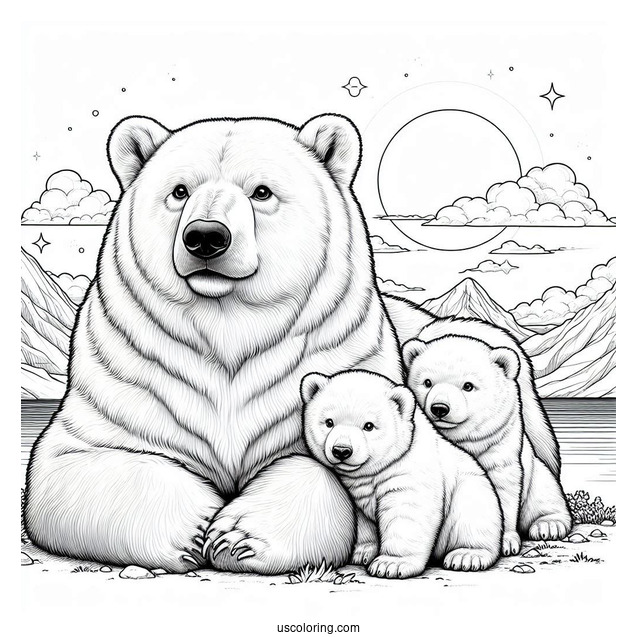 Realistic Coloring Page Of Polar Bear With Cubs