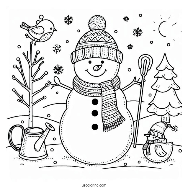 Snowman With Dig And Bird To Color
