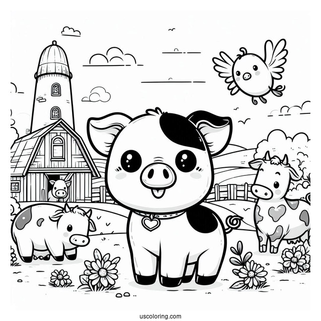Adorable Kawaii Pig With Cows On a Farm