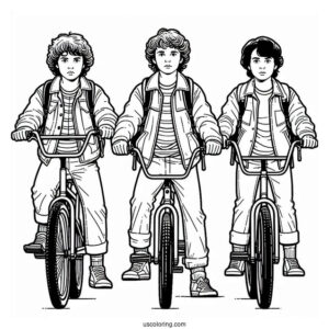 Coloring Page Of Mike, Dustin Will and Lucas On Bikes