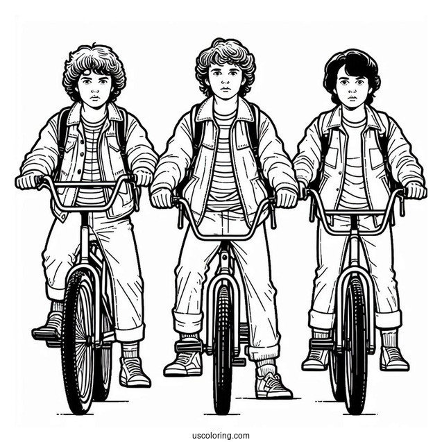 Coloring Page Of Mike, Dustin Will and Lucas On Bikes