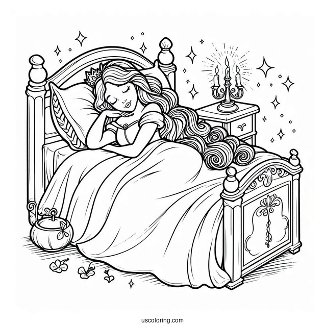 Sleeping Beauty Asleep In Bed Coloring Page