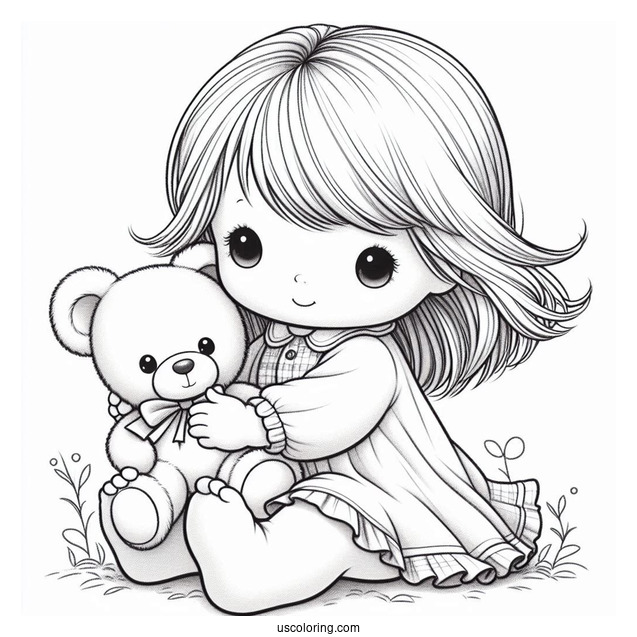 Precious Moments Coloring Page Of Toddler Holding Teddy Bear For Preschoolers