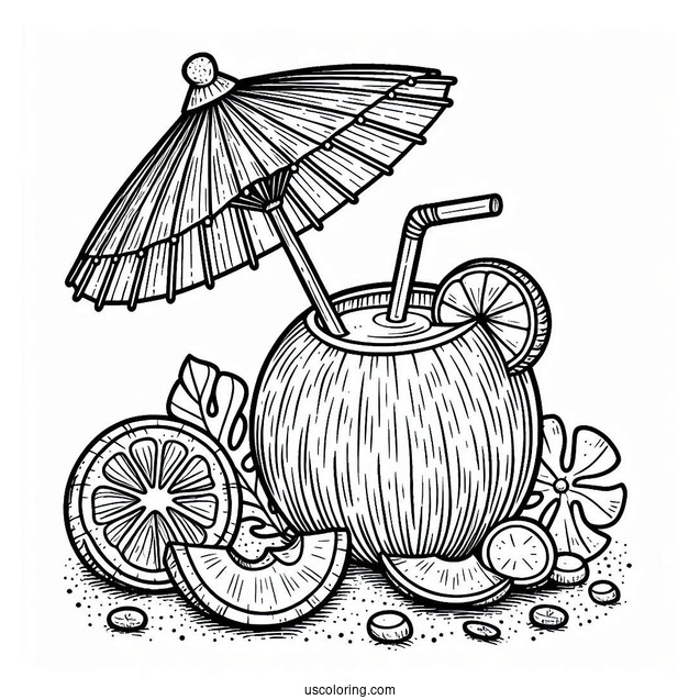 Delicious Coconut Coloring Page Drink With Paper Parasol And Fruit Slices