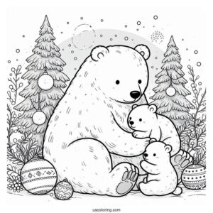 Polar Bear With Cubs On Snowy Day
