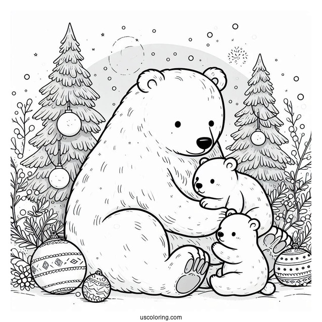 Polar Bear With Cubs On Snowy Day