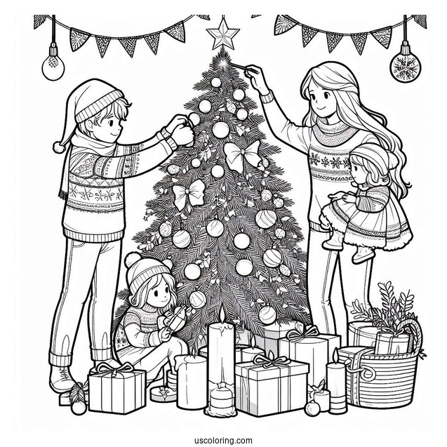 Family Decorating a Christmas Tree
