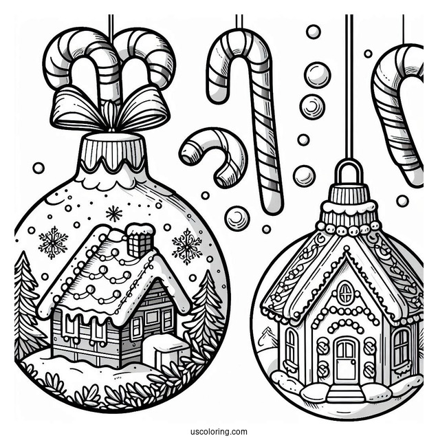 Gingerbread House And Candy Canes Inside Bauble Christmas Ornaments Coloring Page