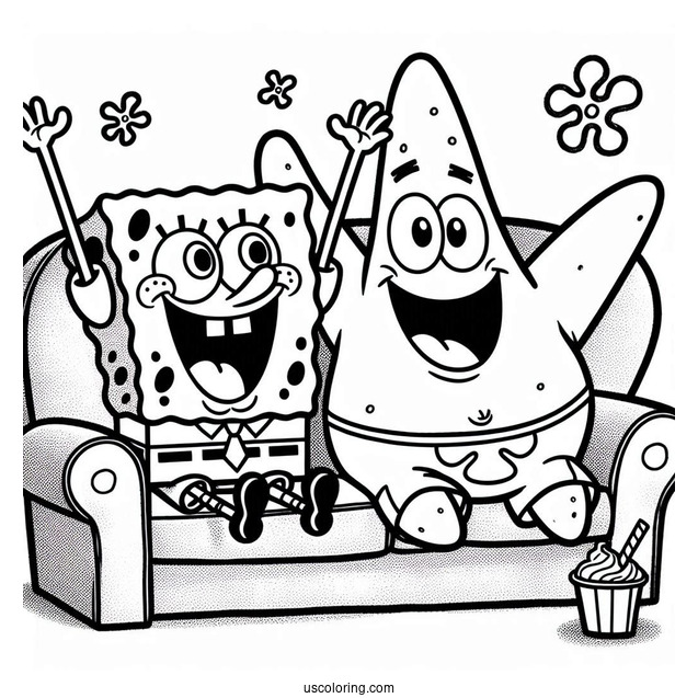 SpongeBob And Patrick Star Coloring Page Cheering On Sofa