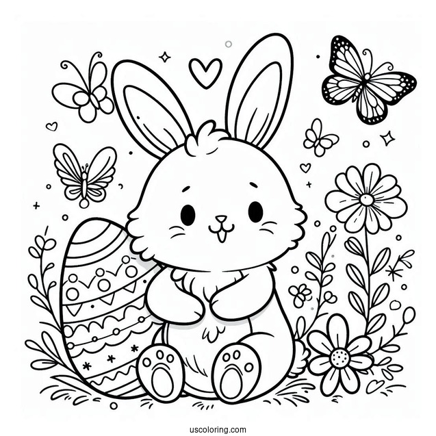 Easy Easter Bunny Coloring Page With Egg And Butterfly