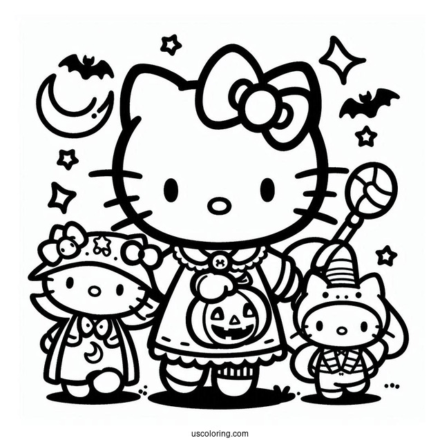 Sanrio Coloring Pages Of Hello Kitty, Dear Daniel, And Friends In Halloween Costumes